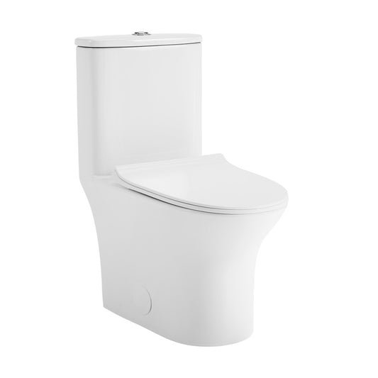 Elongated one-piece white toilet with dual flush, 1.1/1.6 gallons per flush, modern design.
