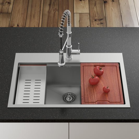 33x22-inch stainless steel topmount single basin kitchen sink with faucet, strainer, and wooden cutting board.