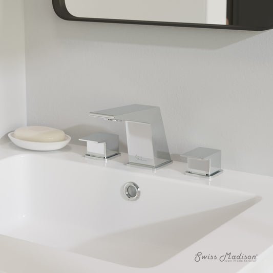 Widespread bathroom faucet in chrome with two rectangular handles and a flat spout.