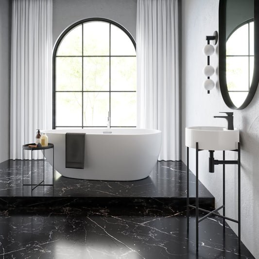 16" round console sink with white basin and matte black faucet mount legs in modern bathroom setting.