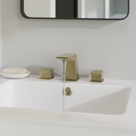 Widespread bathroom faucet in brushed gold, two-handle design with square base and curved spout.