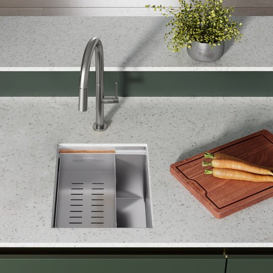 15 x 19-inch single basin Rivage undermount kitchen workstation sink in stainless steel.