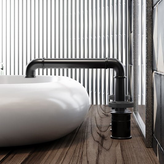 Widespread bathroom faucet in matte black with 2-handle wheel design and curved spout.