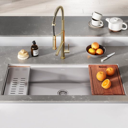 45 x 19-inch single basin undermount kitchen workstation sink in stainless steel with accessory ledges.
