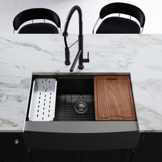 33x22-inch black farmhouse kitchen sink with single stainless steel basin and integrated cutting board and drying rack.