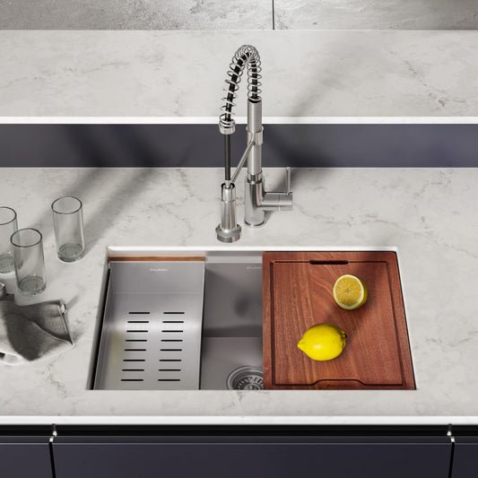 27 x 19 stainless steel undermount single basin kitchen workstation sink with wooden cutting board and pull-down faucet.