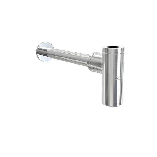 Bottle trap drain in chrome with cylindrical design for bathroom sink plumbing.