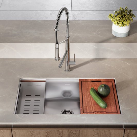 33 x 19-inch single basin undermount stainless steel kitchen workstation sink with drainboard and wooden cutting board.