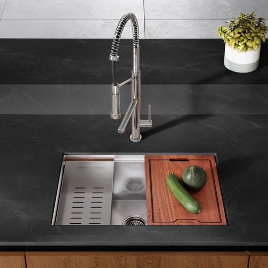 30 x 19-inch stainless steel undermount single basin kitchen workstation sink with wooden cutting board and colander.