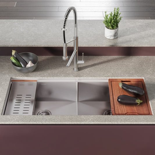 45 x 19 inch dual basin undermount kitchen workstation sink in stainless steel with wooden cutting board and drain tray.