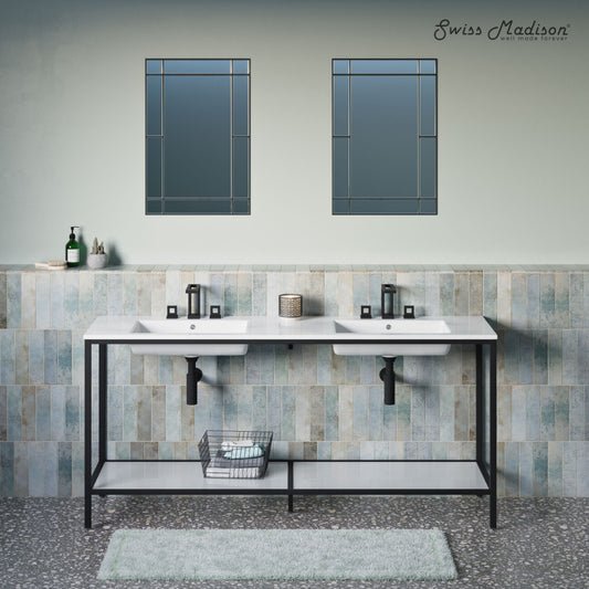 72-inch freestanding double sink bathroom vanity with open matte black metal frame shelf.
