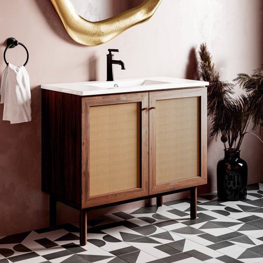36-inch freestanding bathroom vanity in brown oak with single sink and soft-close doors.