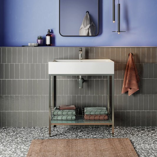 32" freestanding bathroom vanity with open shelf, black metal frame, white rectangular sink top.