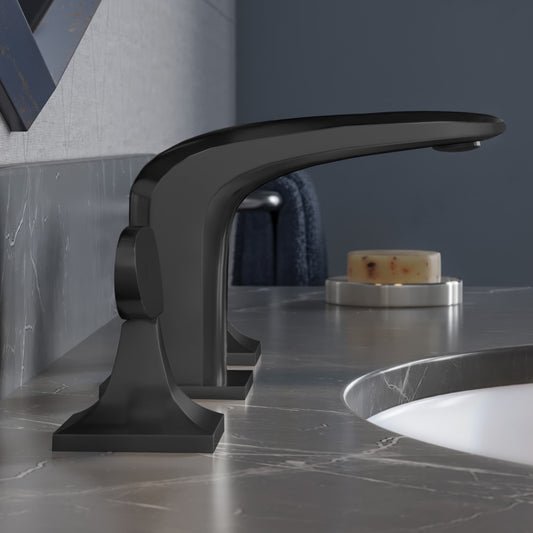 Widespread bathroom faucet in matte black, two-handle design with curved spout and square base.