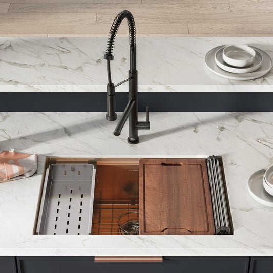 30 x 19 inch rose gold stainless steel undermount kitchen workstation sink with single basin and accessories.