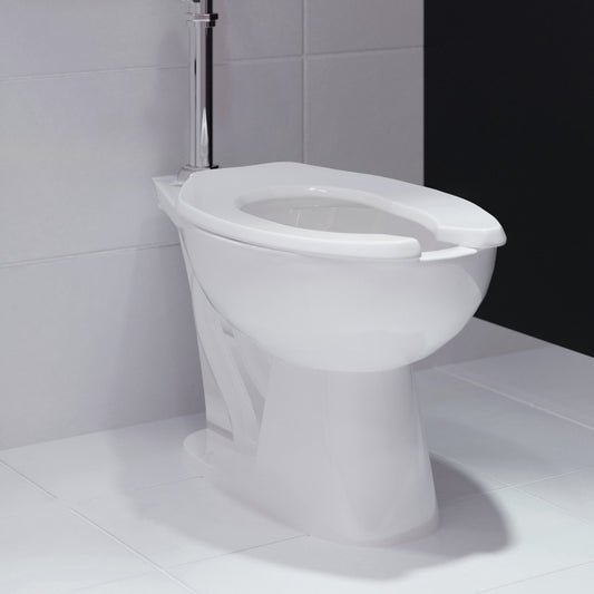 Elongated floor-mounted commercial toilet bowl with top flush spud flushometer, comfort height.
