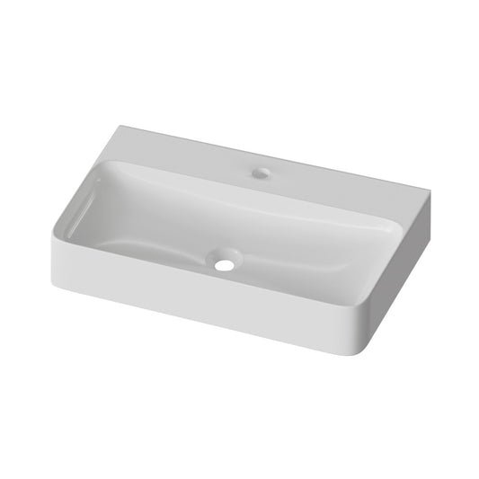 32-inch rectangular glossy white vessel bathroom sink with faucet mount and smooth curved edges.