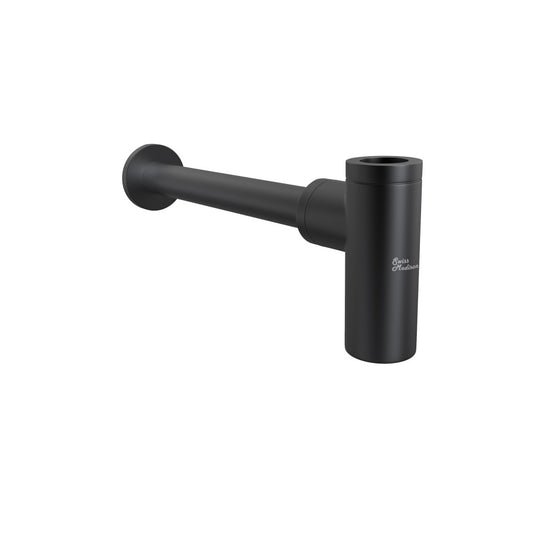 Bottle trap drain in matte black, sleek cylindrical design, wall-mounted sink accessory.