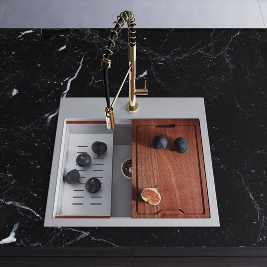 25x22 inch top-mount single basin kitchen workstation sink with stainless steel and wooden cutting board.