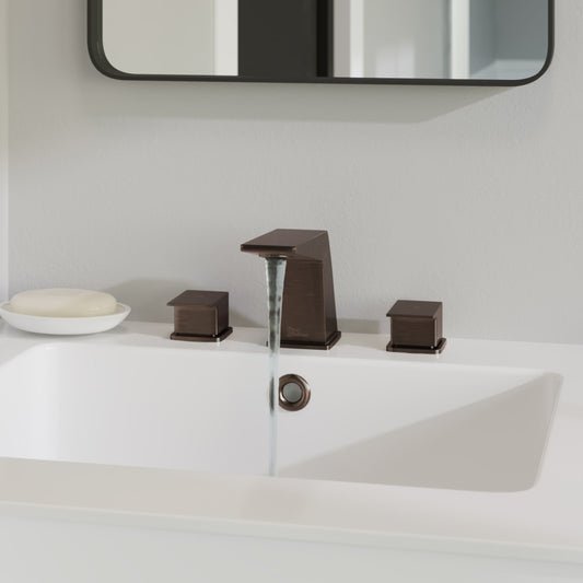 Widespread bathroom faucet in oil rubbed bronze, two handles, square modern design.